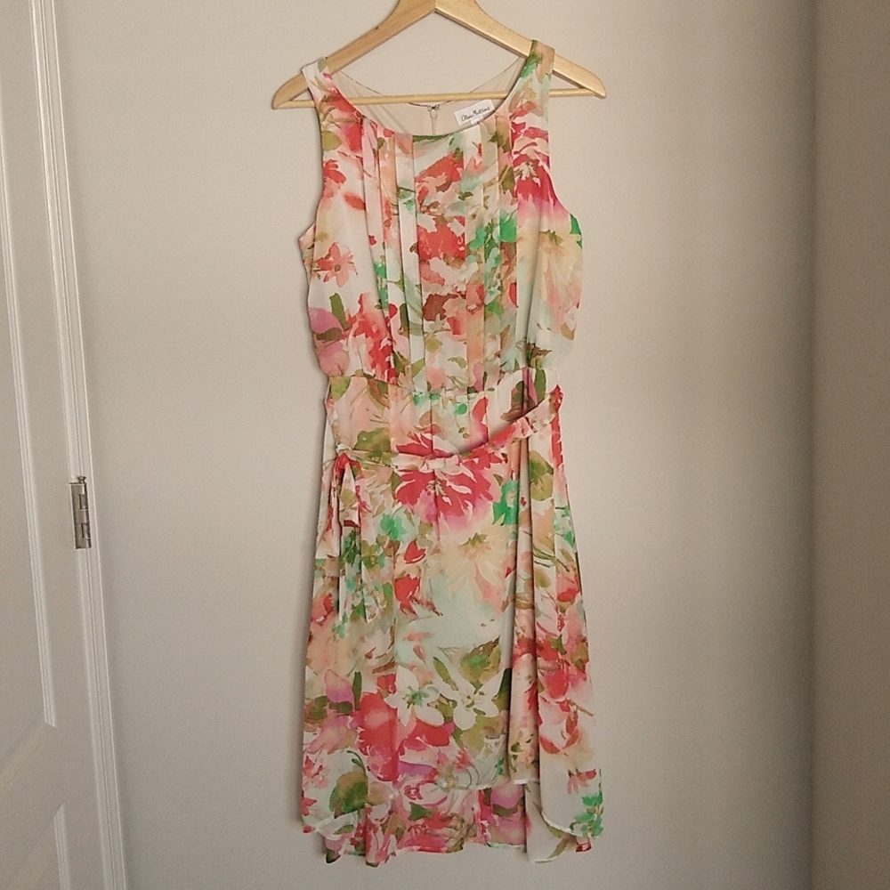 Watercolor front pleated high/low dress, size 8